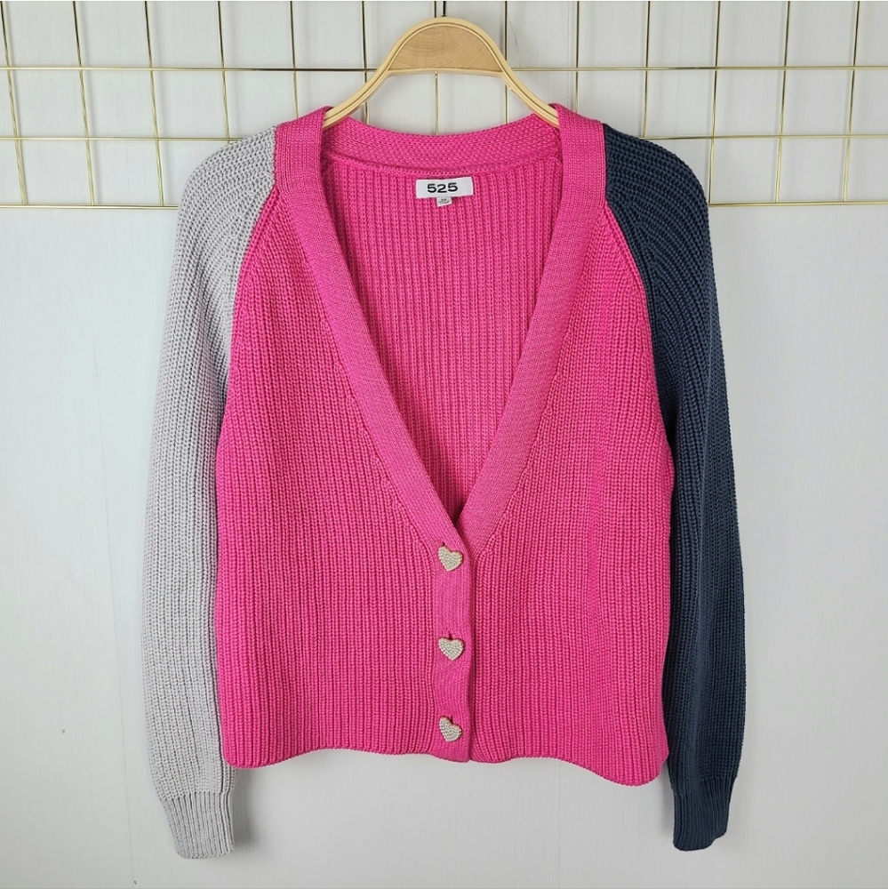 525 America Colorblock Pearl Heart Shape Buttons Slouchy Cardigan Sweater